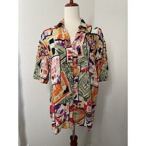 Vintage Button Up Blouse Womens Large 90s Abstract Artsy Art To Wear Maximalism